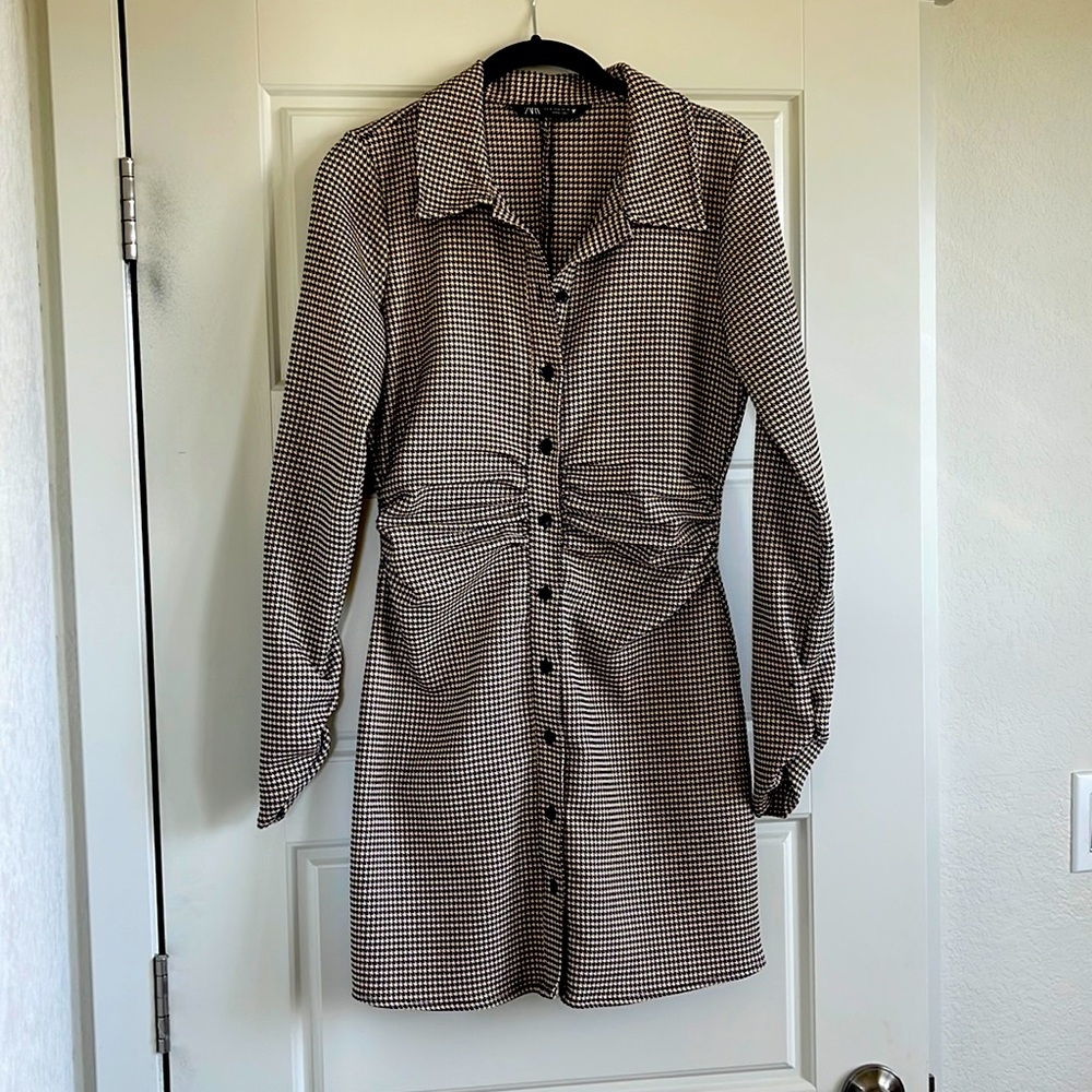 Zara Houndstooth Mini Long Sleeve Dress